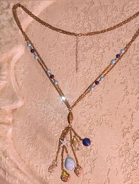 Nautical Gold-Tone Layered Necklace with Blue and Light Blue Beads